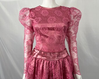 Vintage Homemade Pink Lace Dress With Bow On Back / Size Measures S-M / View Description For Measurements And Condition Details