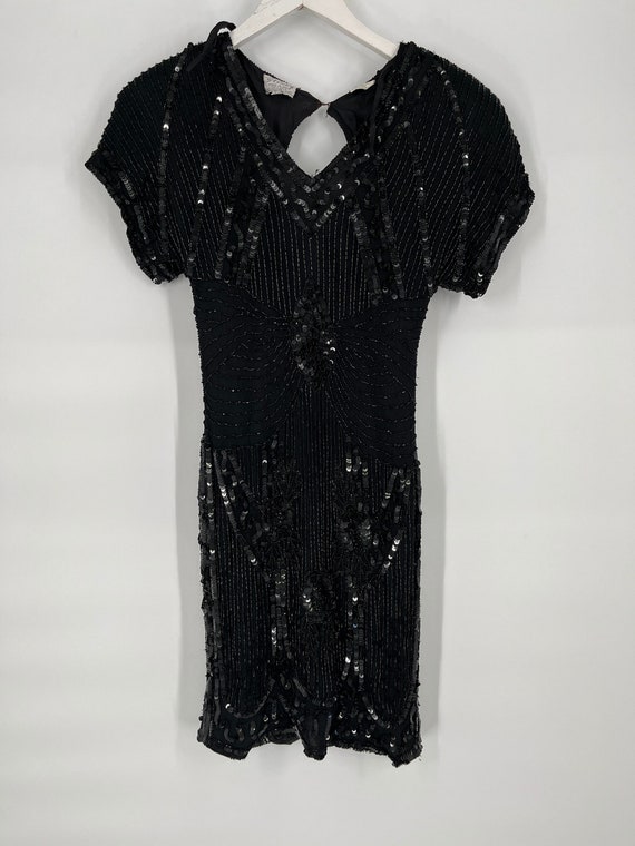 Vintage 80s Black Fully Sequin Silk Dress by Sten… - image 1