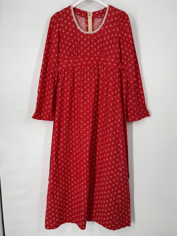 Vintage 70's Homemade Red Prairie Dress With Flor… - image 2