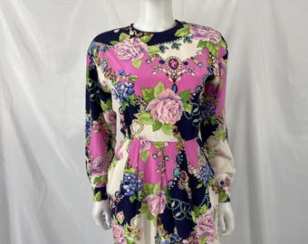 Vintage 80s Floral And Gem Patterned Dress By Dana Buchman / Size Measures Small / View Description For Measurements And Condition Details