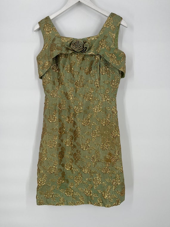 Vintage 60s/70s Green and Gold Embroidered Tank D… - image 1