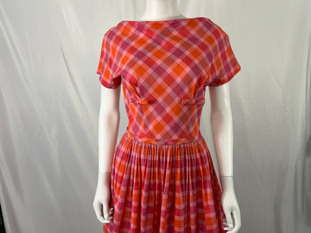Vintage 50s Adorable Pink and Orange Plaid Dress by Jonathan Logan