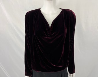 Vintage 80s Burgundy Velvet Cowl Neck Blouse By Jessica McClintock / Size Measures L / View Description For Measurements & Condition Details