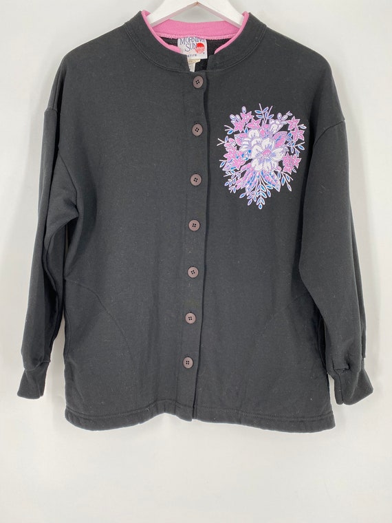 Vintage 90's Black Sweatshirt Cardigan With Flowe… - image 2
