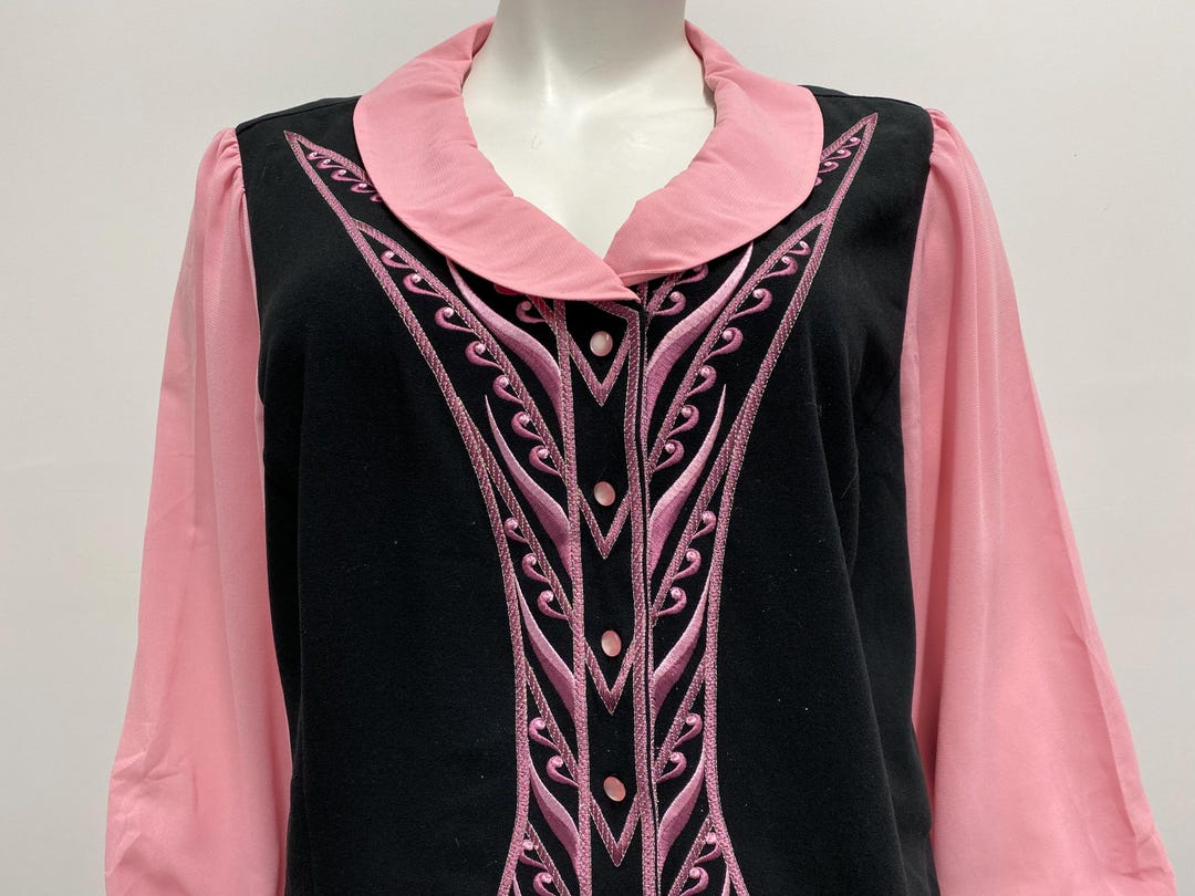 Vintage 90's Plus Size Pink and Black Embroidered Top With Sheer