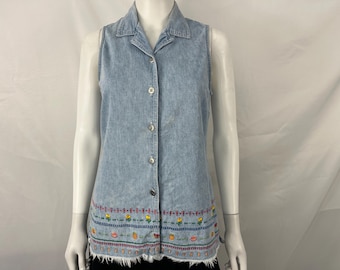 Vintage 90s Denim Sleeveless Embroidered Blouse By Studio Ease / Size 6 / View Description