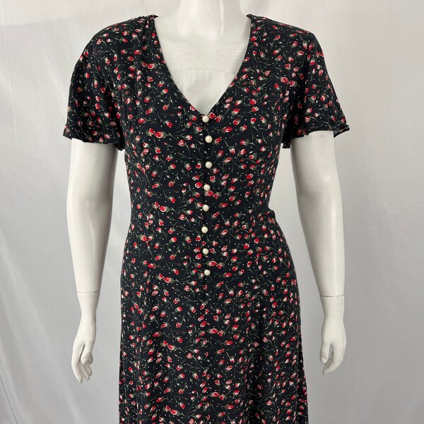 Vintage 80s Black Dress With Red Floral By CC Studio / Size 16 / View Description For Measurements And Condition Details