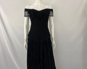 Vintage 80s Black Lace Off The Shoulder Dress / Size M / View Description For Measurements And Condition Details