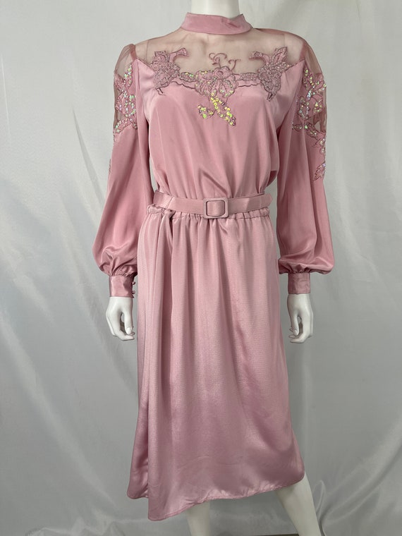 Vintage 70s Pink Long Sleeve Belted In The Mood D… - image 1