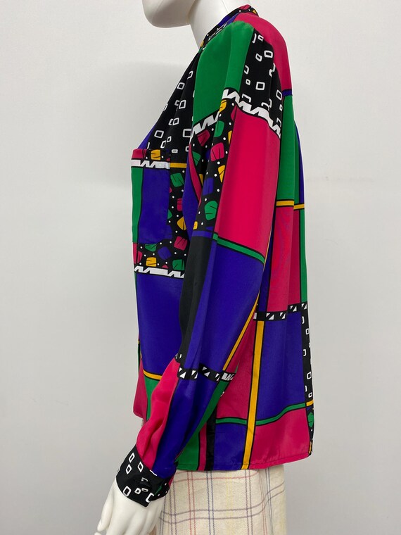 Vintage 90's Bright Funky Patchwork Pattern Blous… - image 3