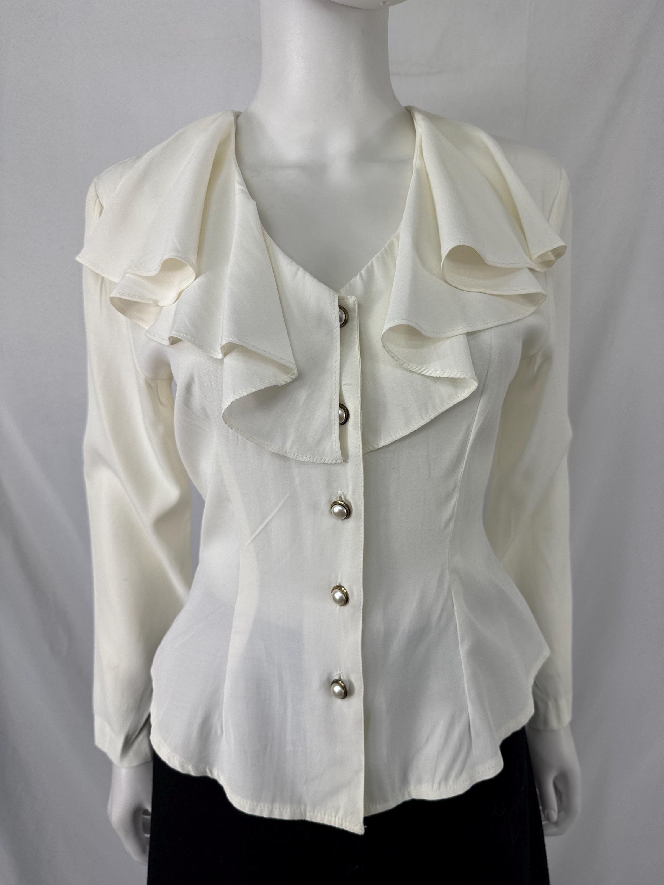 Vintage 80s White Ruffle Collared Blouse by La Belle \ Size S \ STAINED ...