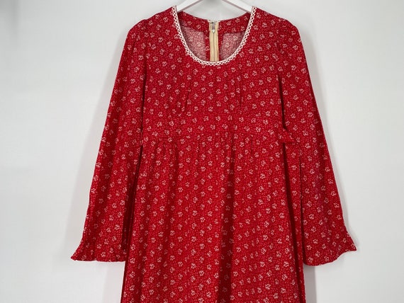 Vintage 70's Homemade Red Prairie Dress With Flor… - image 1