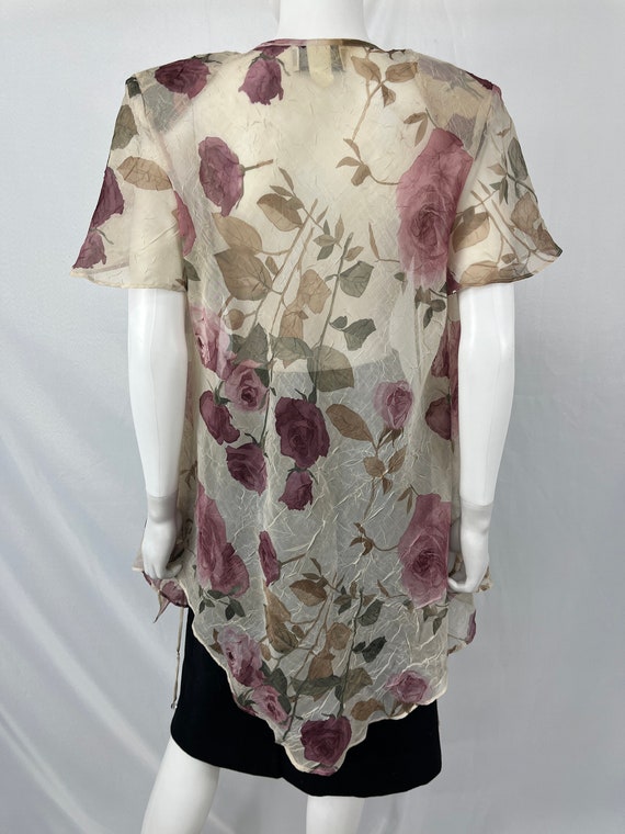 Vintage 80s Beige Rose Print Sheer Short Sleeve D… - image 5