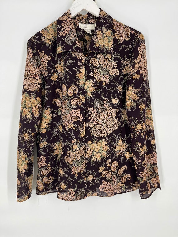 Vintage Brown and Yellow Paisley Floral Blouse by… - image 1