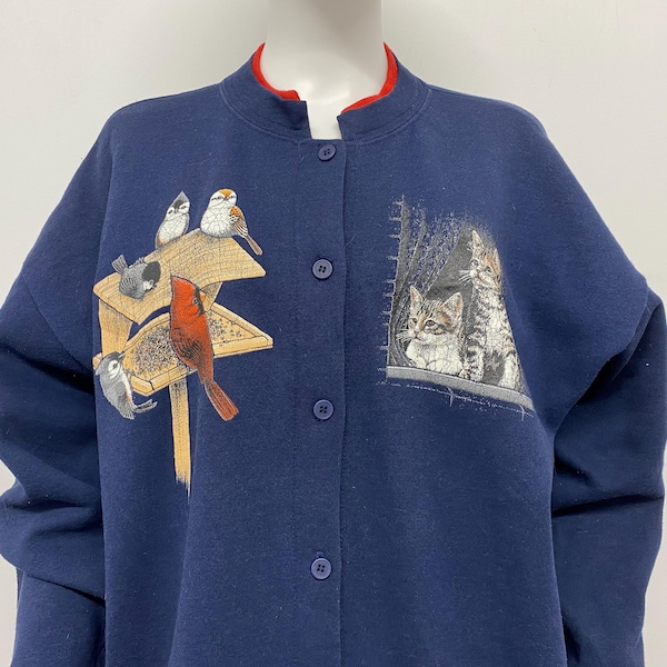 Vintage 90's Blue Button Front Crewneck Sweatshirt With Bird And Kitty Graphic By Wild Wings \ Size L \ See Description And Photos