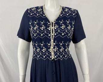 Vintage 80's Blue Dress With Attached Embroidered Floral Vest By SL Fashions \ Size 16 \ Made In USA \ See Description And Photos