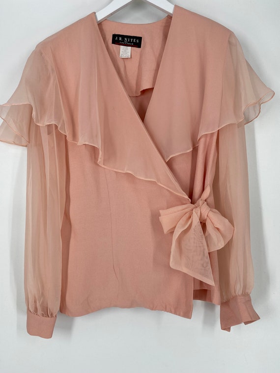 Vintage 80's Pink Wrap Blouse With Sheer Sleeves … - image 2