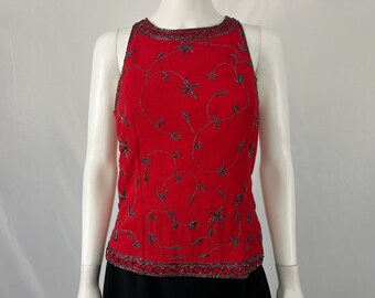 Haut dos nu orné de perles rouges et noires vintage des années 90 par Marina / Taille 8 / Voir la description pour les mesures et les détails de l'état