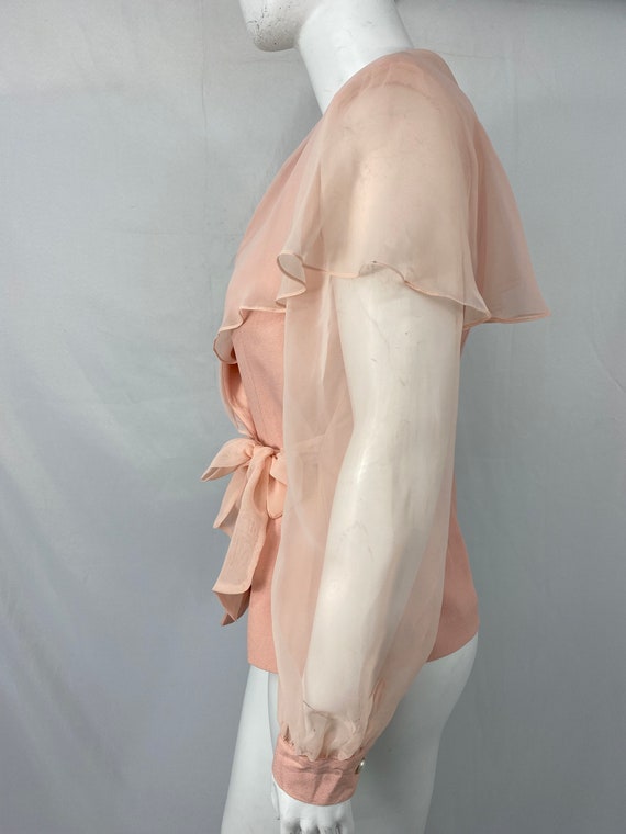 Vintage 80's Pink Wrap Blouse With Sheer Sleeves … - image 8