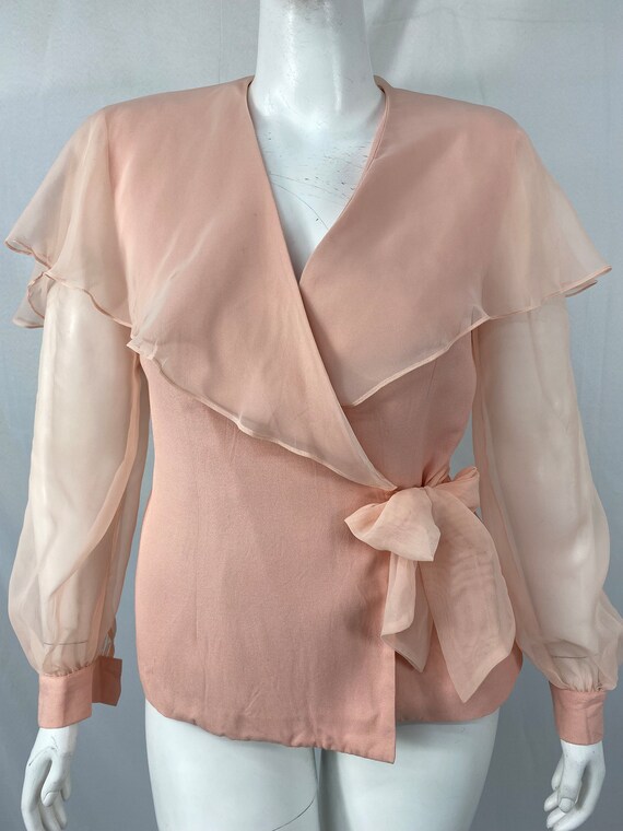 Vintage 80's Pink Wrap Blouse With Sheer Sleeves … - image 5