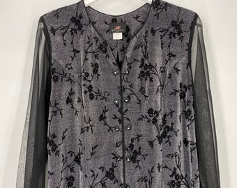 Vintage 80's Black Floral  Blouse With Sheer Sleeves And Metallic Stitching By Michel \ Size XL \ Made In USA \ SEE Description And Photos