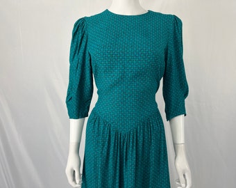 Vintage 80s Teal Crosshatch Patterned Dress By Karin Stevens / Size 10 / View Description For Measurements And Condition Details