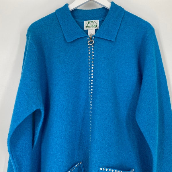 Vintage %100 Wool Blue Jacket With Sparkle Detail By The Quacker Factory \ Size 1X \ PLEASE See Item Description And Photos