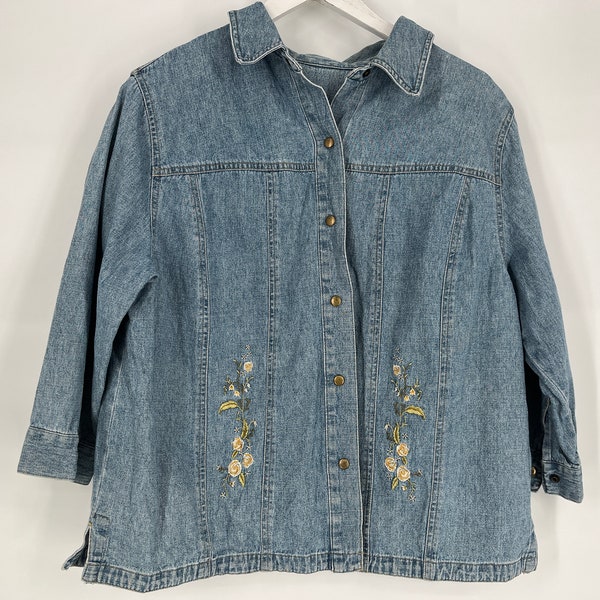 Vintage 90s/Y2K 100% Cotton Denim Floral Embroidered Button Up Emma James Jacket \ Size 16W \ PLEASE See Item Description And Photos