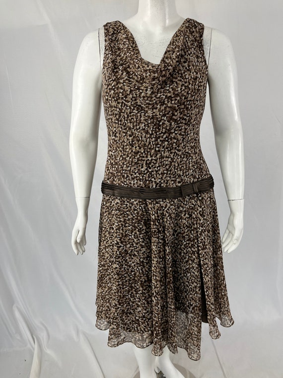 Vintage 90s Abstract Brown Cowl Neck Tank Dress b… - image 1