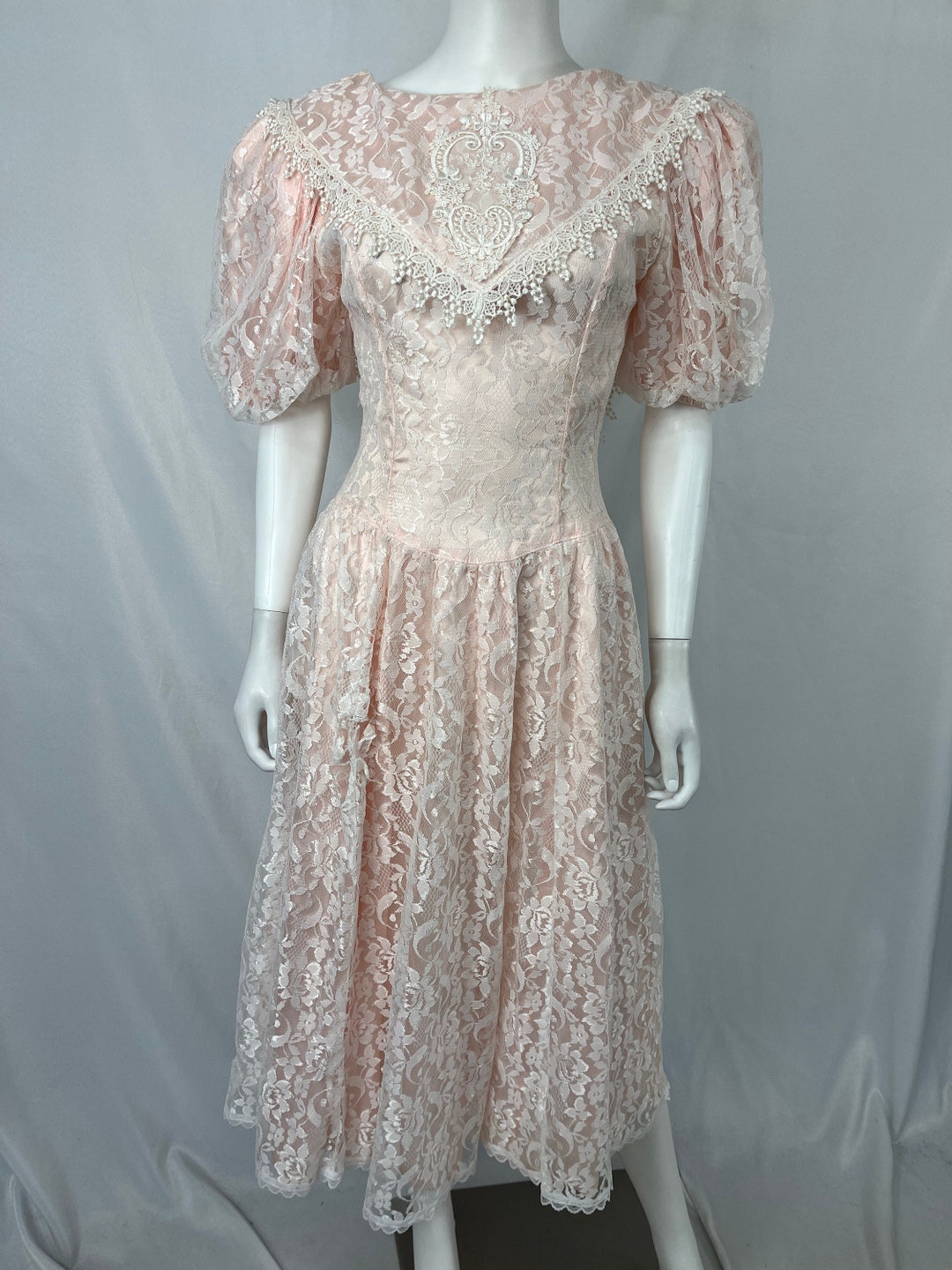 Vintage 80s Gunne Sax Pink and White Lace Puffy Sleeve Dress \ Size 5 ...