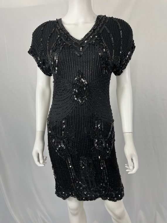 Vintage 80s Black Fully Sequin Silk Dress by Sten… - image 3