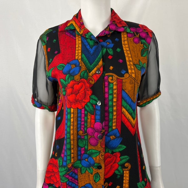 Vintage 80s Colorful Geometric Blouse With Sheer Sleeves By L&R Illusions / Size S / View Description For Measurements And Condition Details