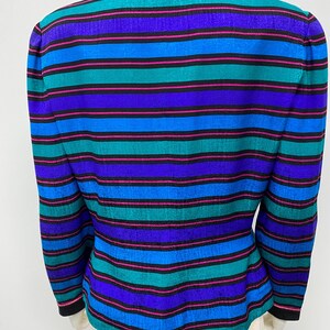 May include: A colorful, striped blazer in shades of teal, blue, purple, and pink. The long-sleeved jacket has a black collar and cuffs. The back of the blazer is shown on a mannequin.