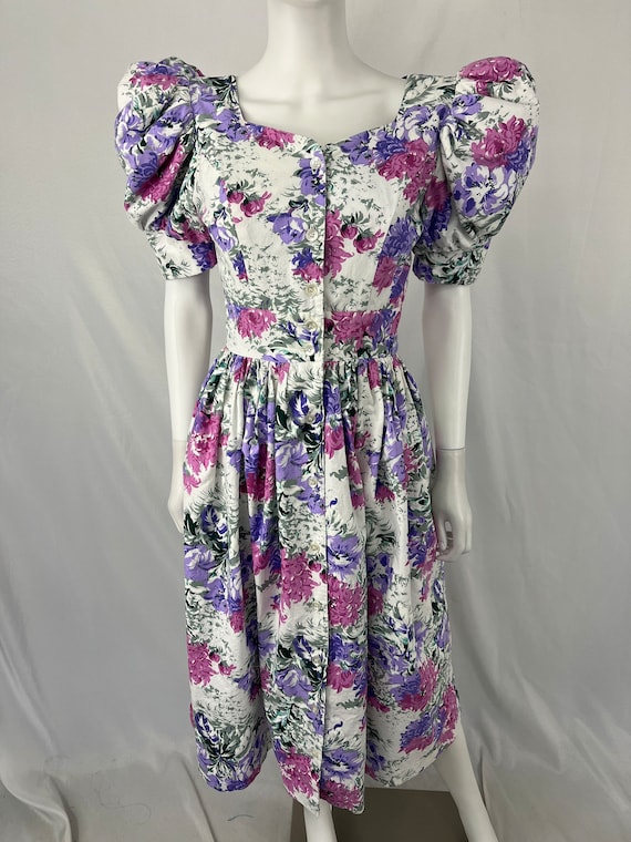 Vintage 80s Floral Puff Sleeve Dress By Act I / S… - image 2