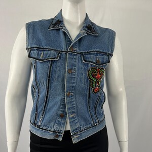 Vintage 90s Sequined Denim Vest With Racecar On Back By Shore Club / Size Measures L / View Description For Measurements & Condition Details