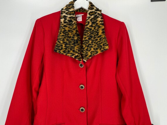 Vintage 80's Red Blazer With Animal Print Faux Fu… - image 1