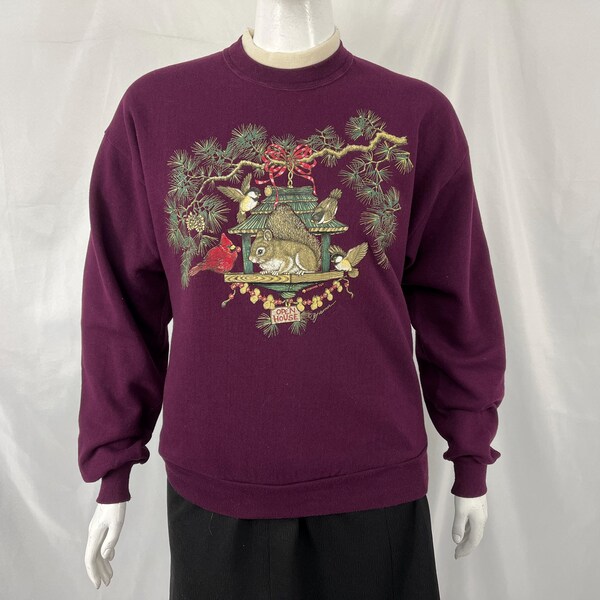 Vintage 90s Burgundy Squirrel And Birds Crewneck By Morning Sun / Size L / View Description For Measurements And Condition Details