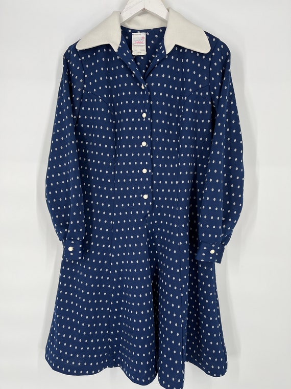 Vintage 70s Long Sleeve Blue Polka Dot Dress By A… - image 5