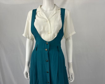 Vintage jaren '90 Teal overall jurk / Maat 11 / Bekijk de beschrijving voor metingen en conditiedetails