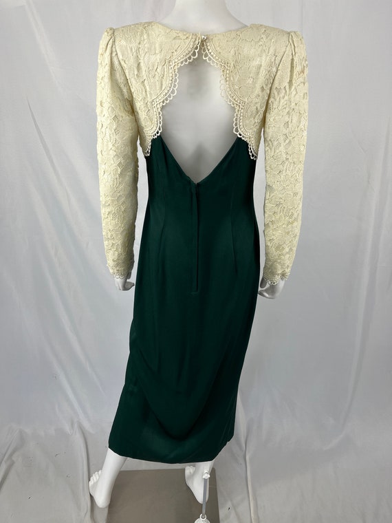 Vintage 80s Dress With White Lace Bodice And Gree… - image 3