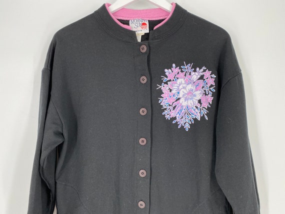 Vintage 90's Black Sweatshirt Cardigan With Flowe… - image 1
