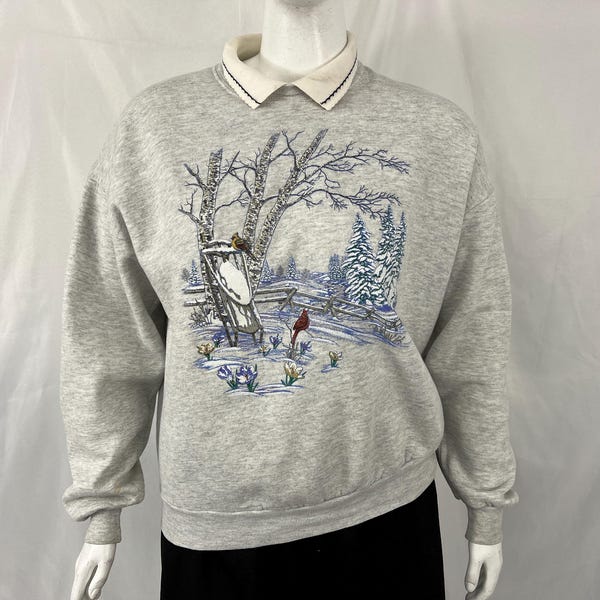 Vintage 90s Grey Crewneck With Winter Scene By Day Break / Size XL / View Description For Measurements And Condition Details