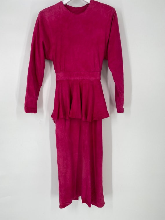 Vintage 80's Bright Pink Suede Dress With Open Ba… - image 2