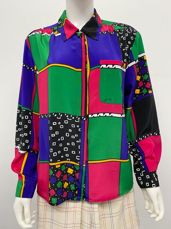 Vintage 90's Bright Funky Patchwork Pattern Blous… - image 2