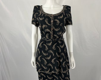 Vintage 80s Black And Brown Belted Dress By Eileen West / Size 10 / View Description For Measurements And Condition Details