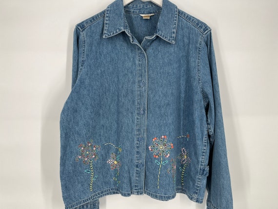 Vintage 90s Denim Jacket With Flower Bee Embroide… - image 1