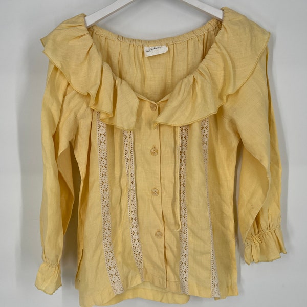 Vintage Pale Yellow Peasant Style Blouse By Justin Time / Labelled Large / View Description For Measurements And Condition Details