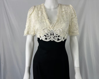 Vintage 80s Black And White Dress With Lace Bodice By Scott McClintock / Size 10 / View Description For Measurements And Condition Details