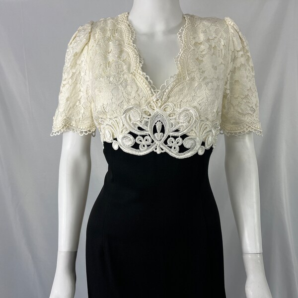 90’s Lace Overlay Bodice Dress with Attached Scarf by Scott McClintock Petites
