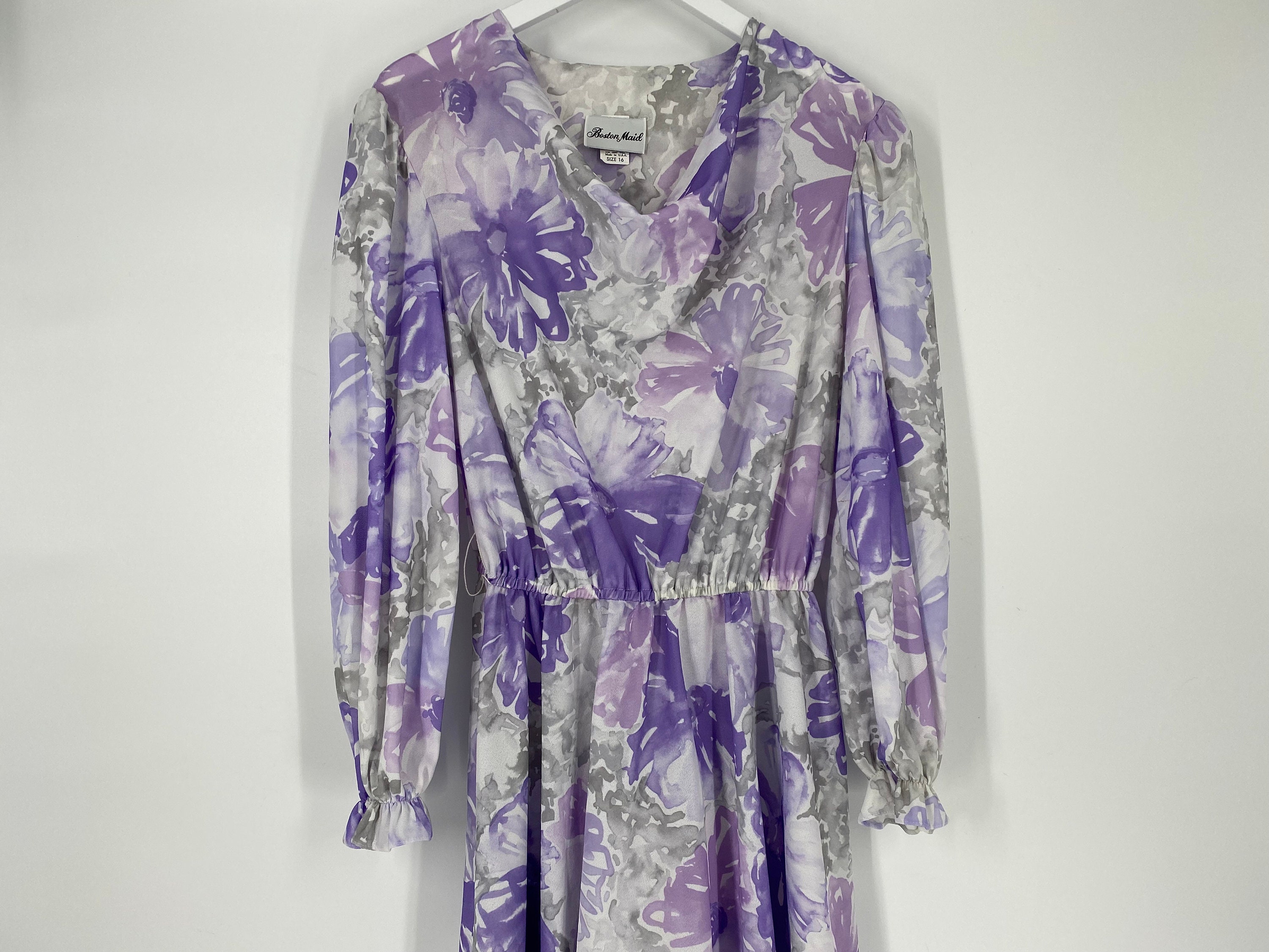 Vintage 80 s Purple Floral Dress With Matching Tie Belt by Boston Maid Size 16 Made in USA PLEASE See Description and Photos Etsy